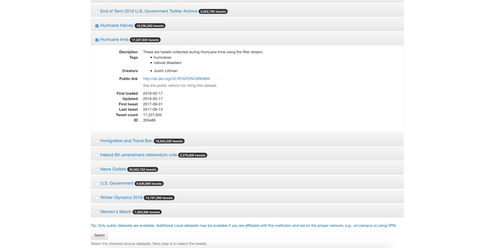 Dataset Selection Page