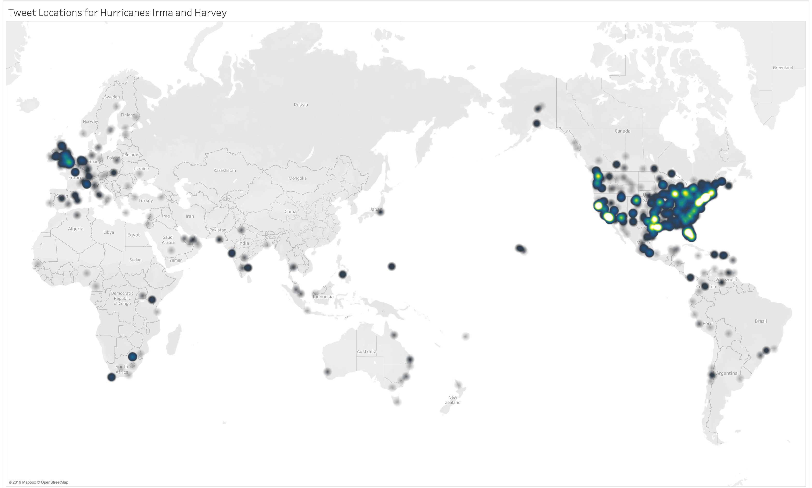 A quick sketch of the "place" data in Tableau. The tweets are taken from just a few days surrounding each of the storms. One could perhaps argue that these maps show discourse around these storms forming equally in unaffected metro areas as places that fell storms' paths.