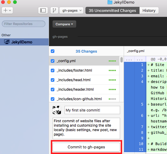 Haz clic en el botón _Commit to gh-pages_