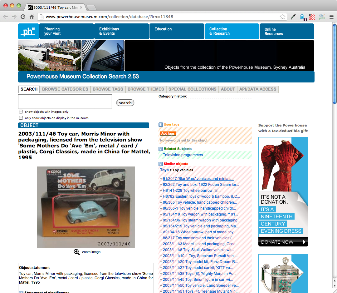 Figure 1: Capture d'écran d'un objet échantillon en provenance du site web du Powerhouse Museum