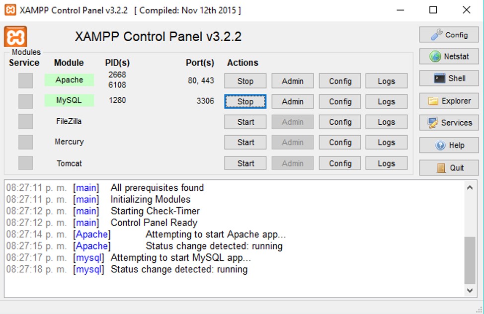 Módulos XAMPP activados