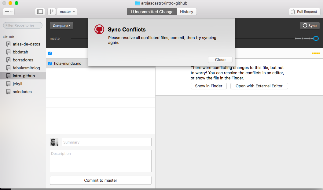 GitHub nos alerta de un conflicto de sincronización