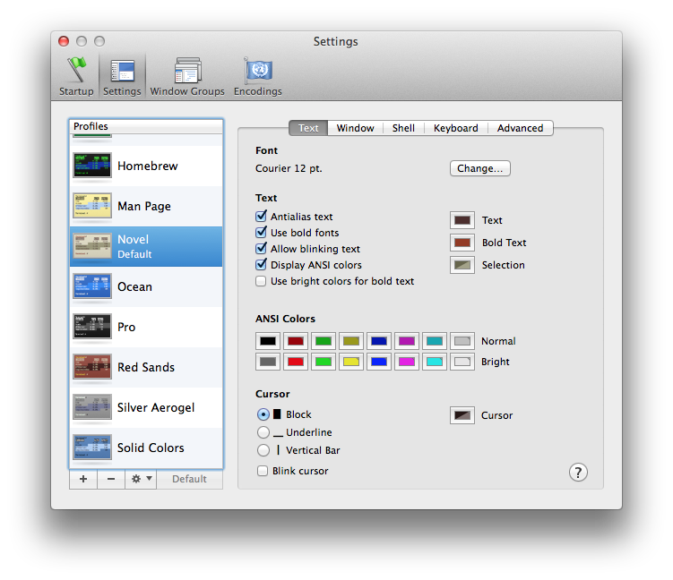 The Settings Screen on the OS X Terminal Shell Application