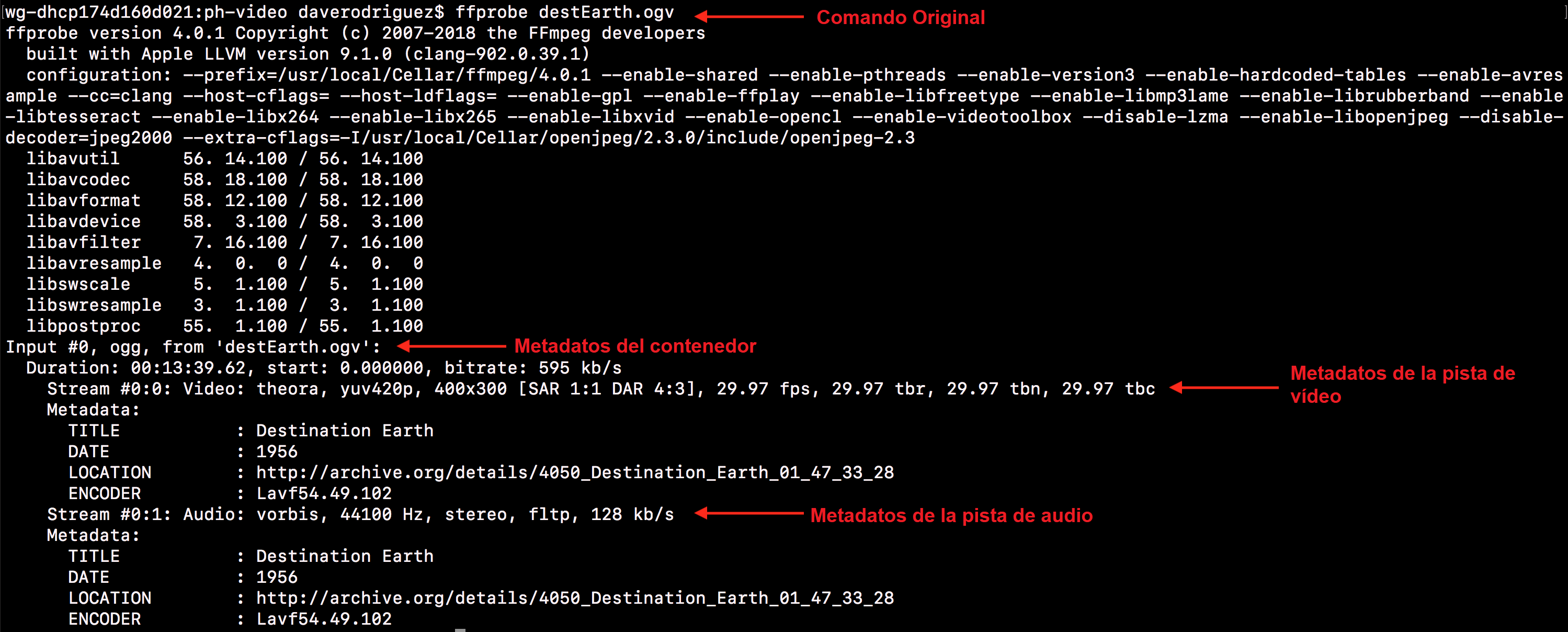 El output de un comando básico `ffprobe` con destEarth.ogv