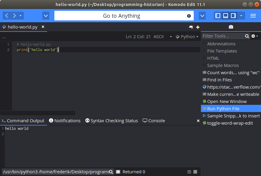 hello world in Komodo Edit on Linux