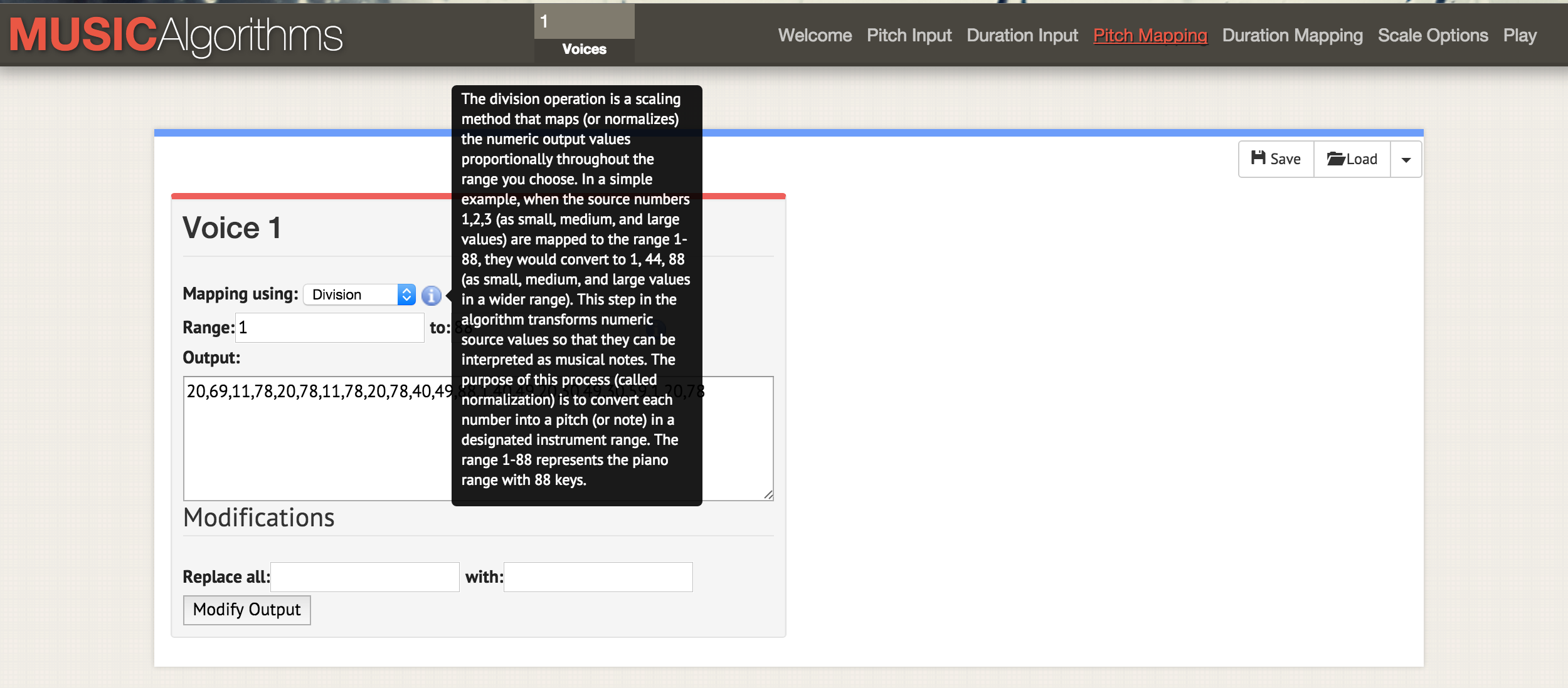 After you load your data, you can select the different operations across the top menu bar of the site. In the screenshot, the information mouseover is explaining what happens to the scaling of your data if you select the division operation to scale your data to the range of notes selected.