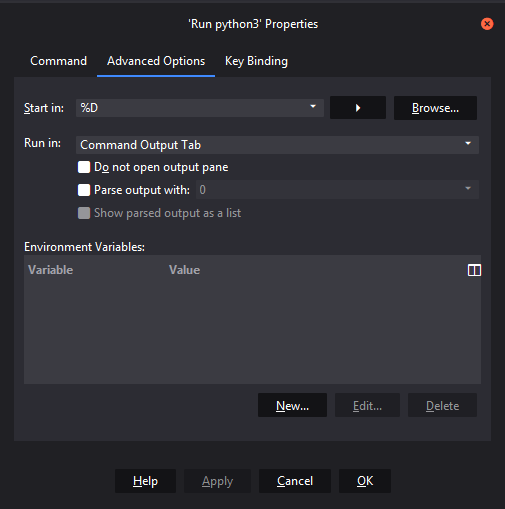 Configuring the command 'Run Python Start'.